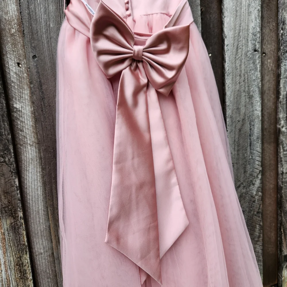 David's Bridal Satin Flower Girl Dress with Tulle Skirt - Ballet - Girls Size 8 - Picture 3 of 11